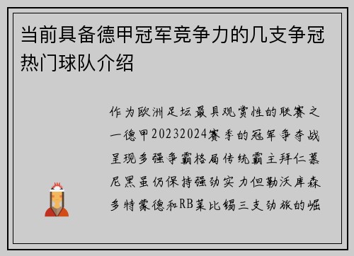 当前具备德甲冠军竞争力的几支争冠热门球队介绍
