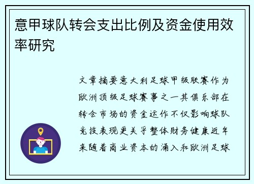 意甲球队转会支出比例及资金使用效率研究
